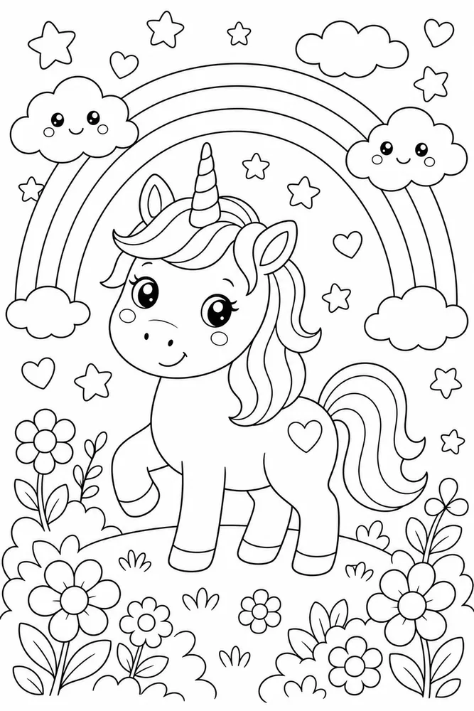 Kawaii Unicorn Round Rainbow Pose coloring page