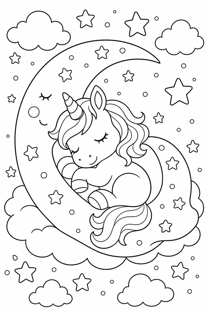 Kawaii Unicorn Sleepy Moon Blanket coloring page