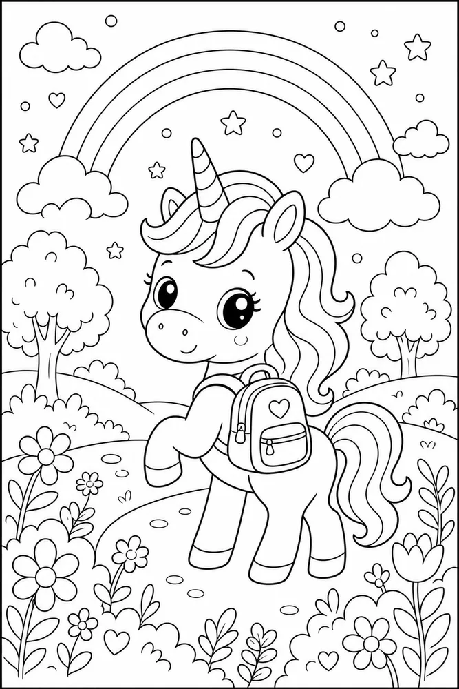 Kawaii Unicorn Tiny Backpack Scene coloring page