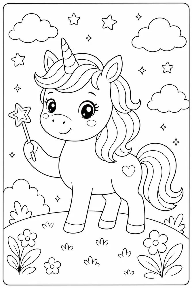 Kawaii Unicorn Tiny Star Wand coloring page