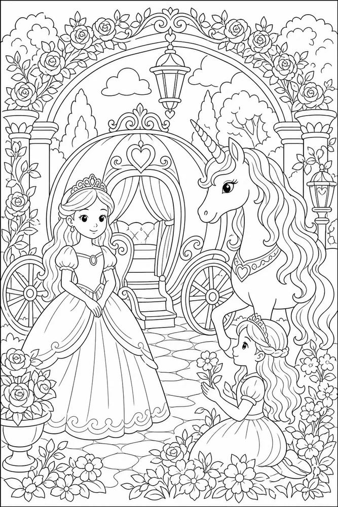 Princess Unicorn Carriage Garden coloring page