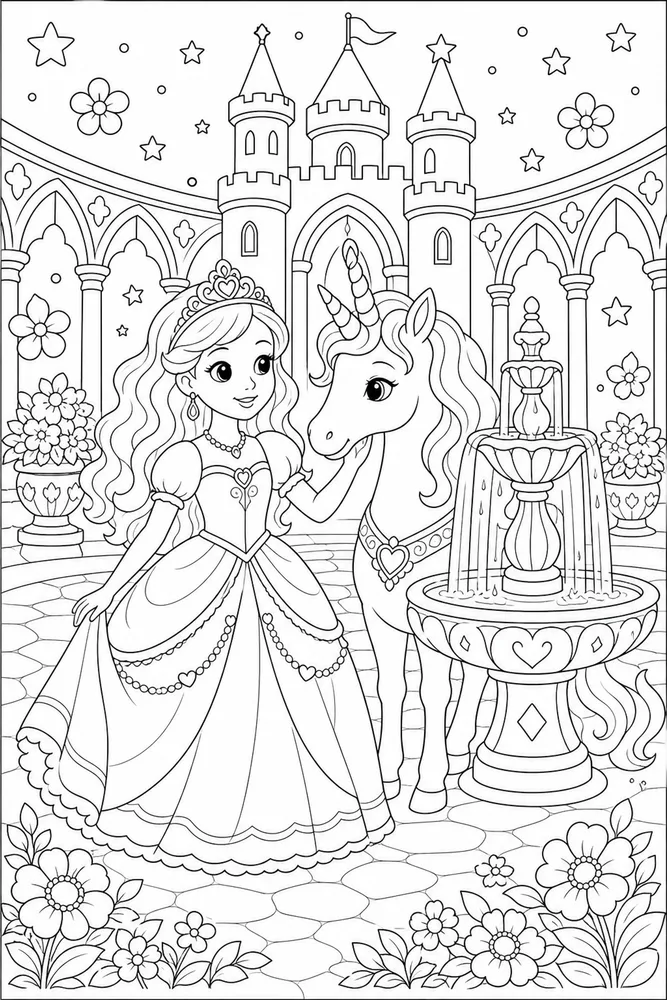 Princess Unicorn Castle Fountain coloring page