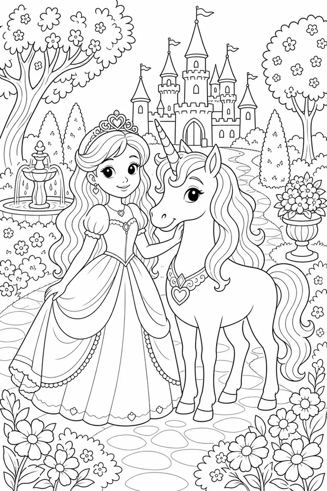 Princess Unicorn Castle Garden Path coloring page