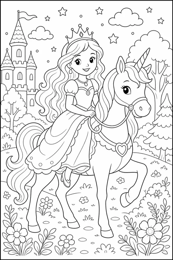 Princess Unicorn Crown Saddle Portrait coloring page