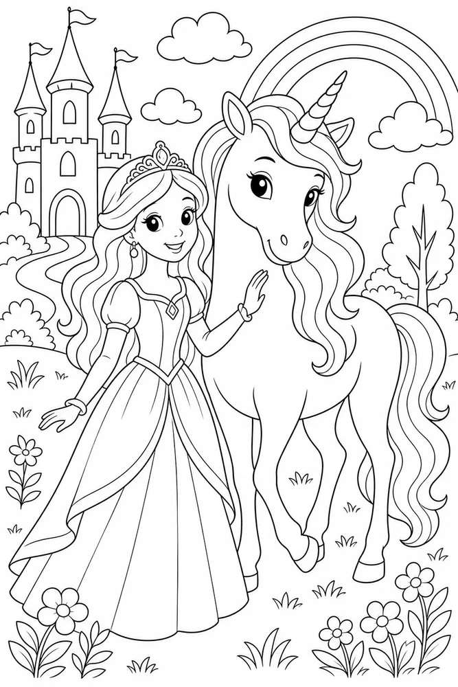 Princess Unicorn Coloring Pages preview: Princess Unicorn Princess Beside Unicorn coloring page