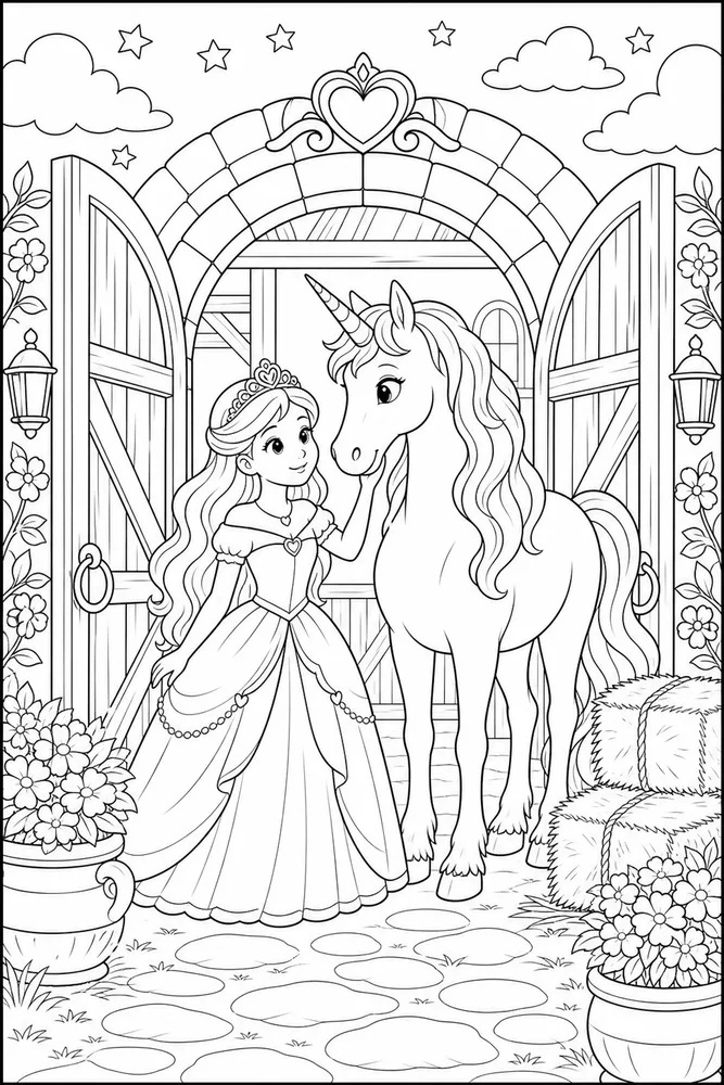 Princess Unicorn Royal Stable Doorway coloring page
