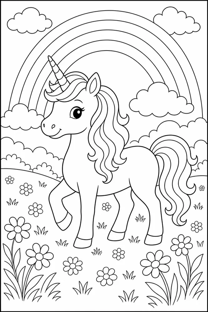 Rainbow Unicorn Coloring Pages preview: Rainbow Unicorn Rainbow Arch Meadow coloring page