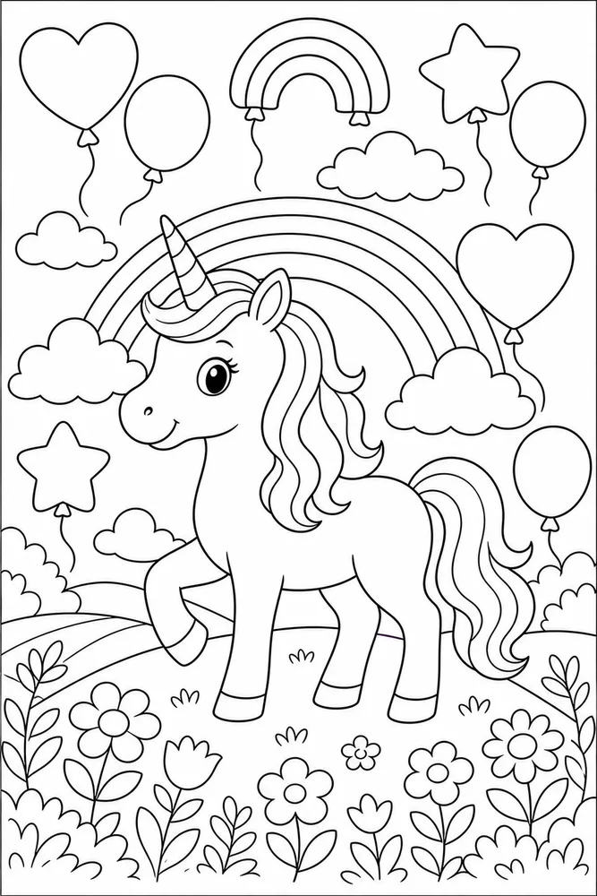 Rainbow Unicorn Rainbow Balloon Sky coloring page