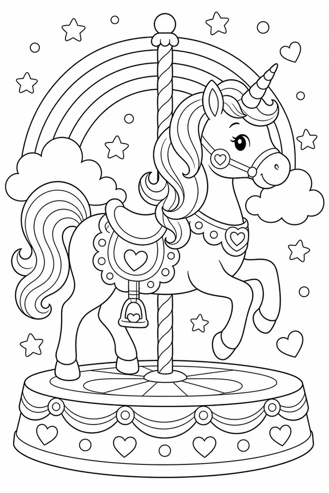 Rainbow Unicorn Rainbow Carousel Horse coloring page