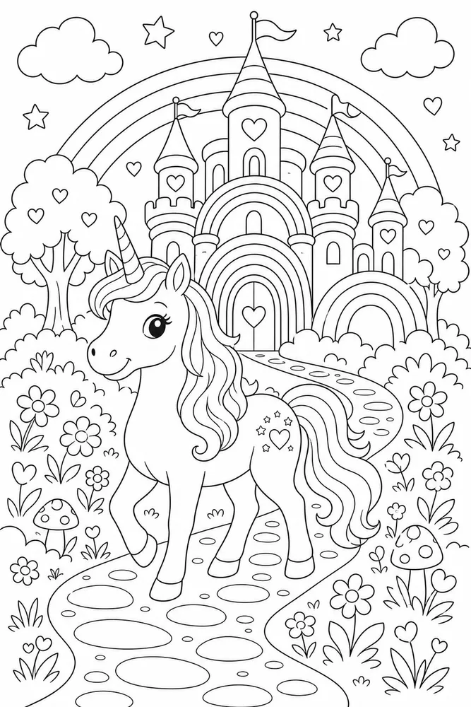 Rainbow Unicorn Rainbow Castle Lane coloring page