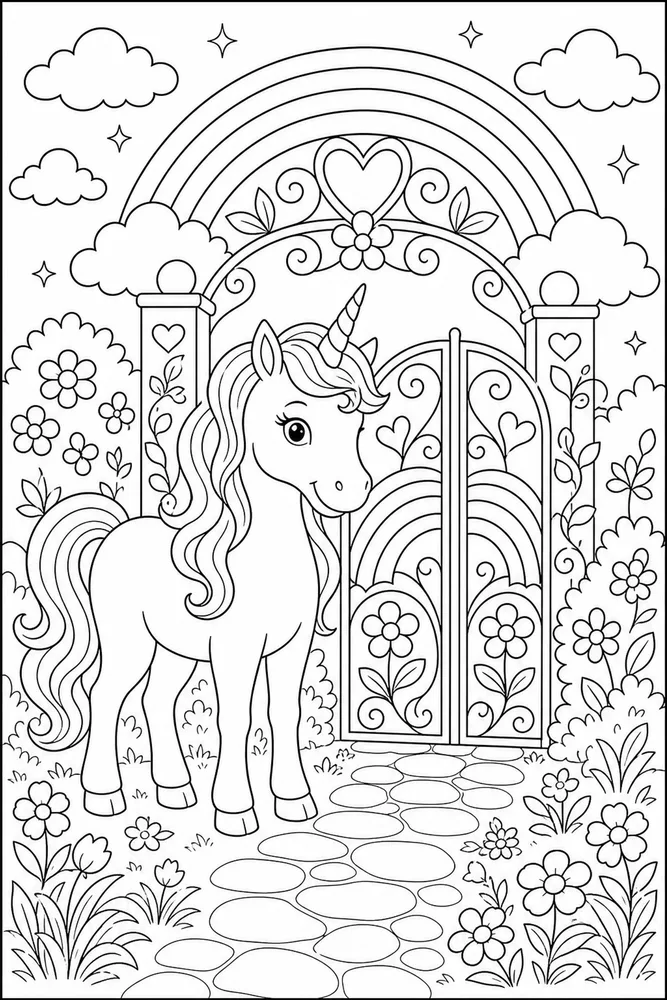 Rainbow Unicorn Rainbow Garden Gate coloring page