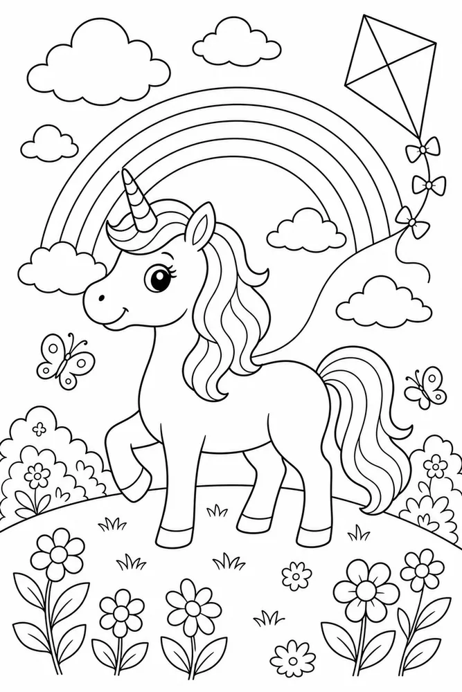 Rainbow Unicorn Rainbow Kite Hill coloring page