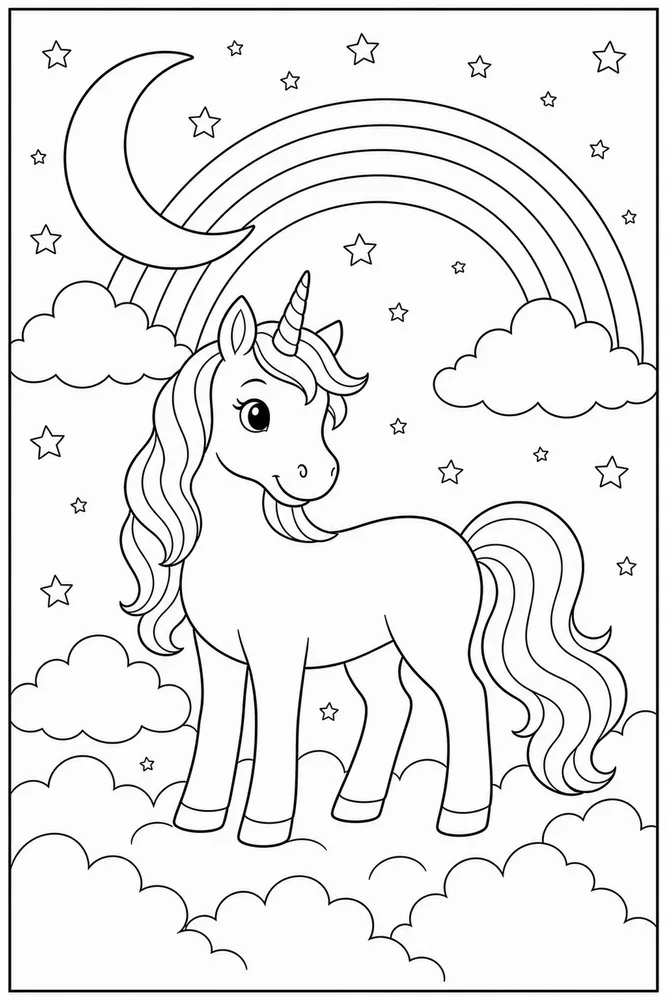 Rainbow Unicorn Rainbow Moon Clouds coloring page