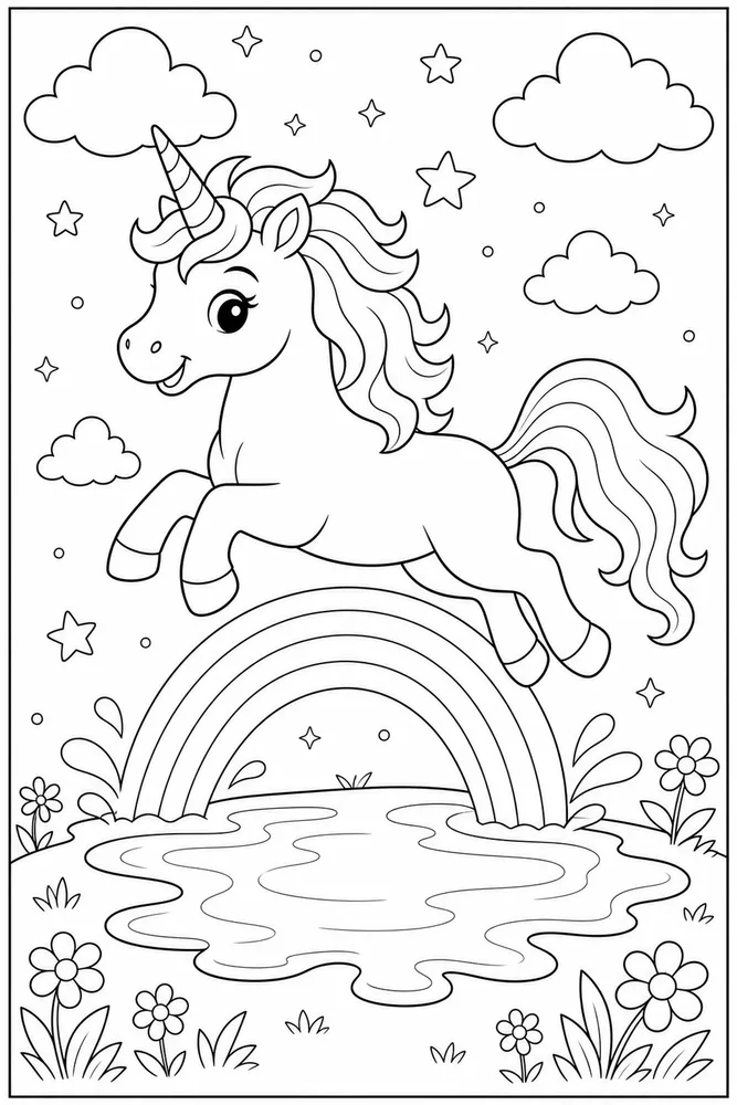 Rainbow Unicorn Rainbow Puddle Jump coloring page