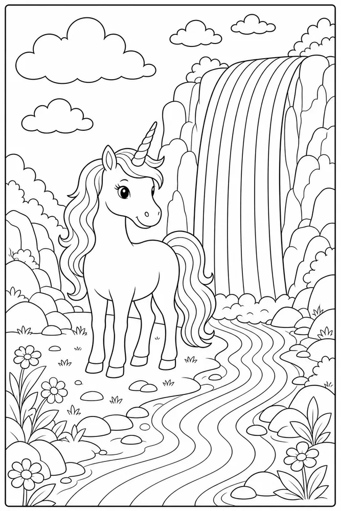 Rainbow Unicorn Rainbow Waterfall coloring page