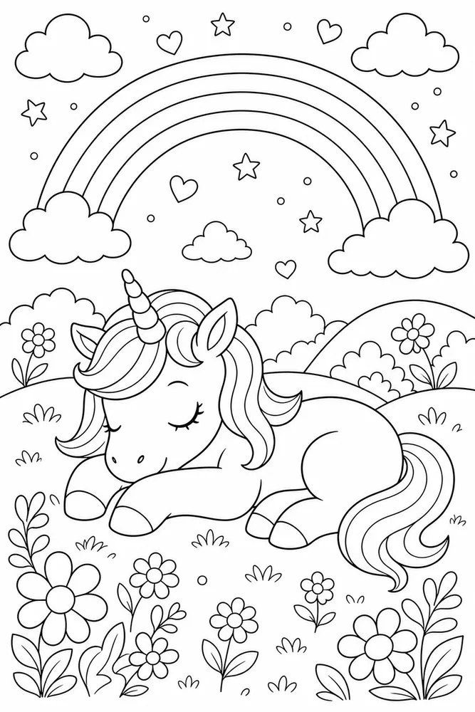 Rainbow Unicorn Sleeping Under Rainbow coloring page