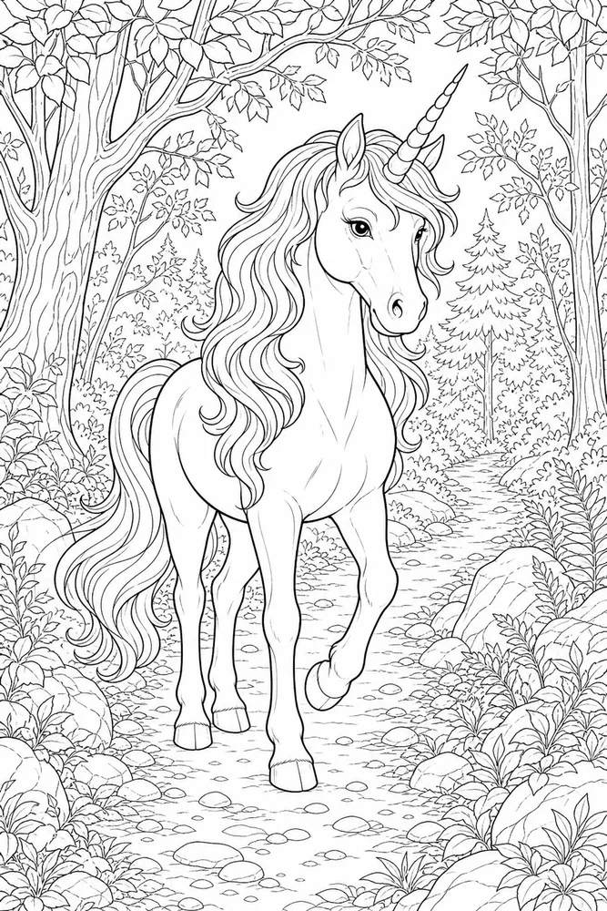 Realistic Unicorn Forest Trail Walk coloring page