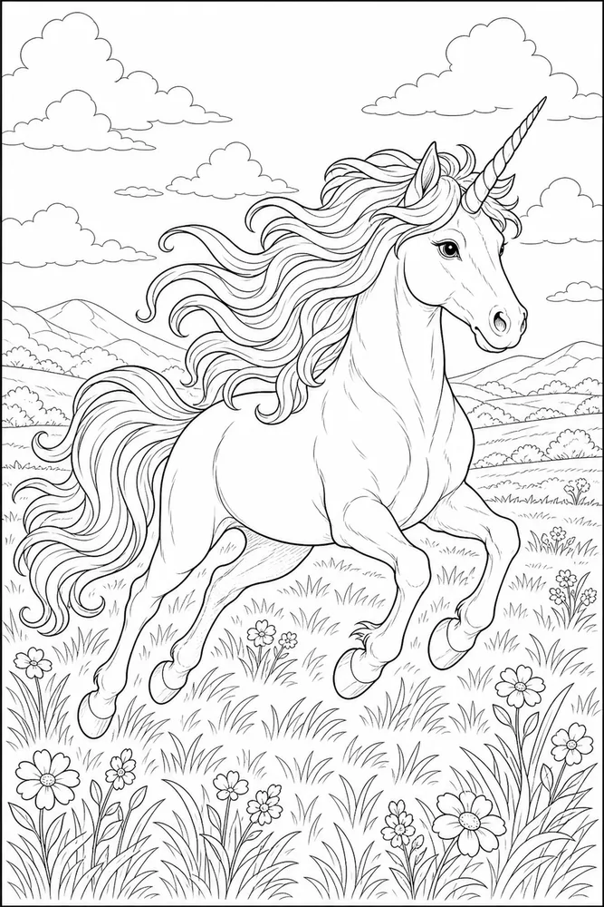 Realistic Unicorn Galloping Field coloring page