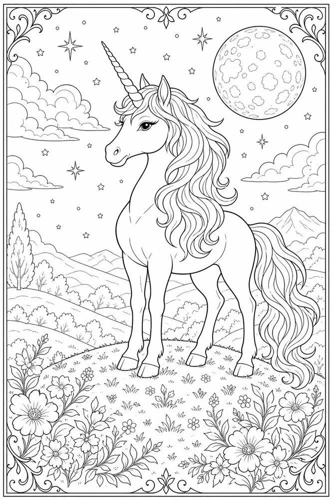 Realistic Unicorn Moonlit Hill coloring page