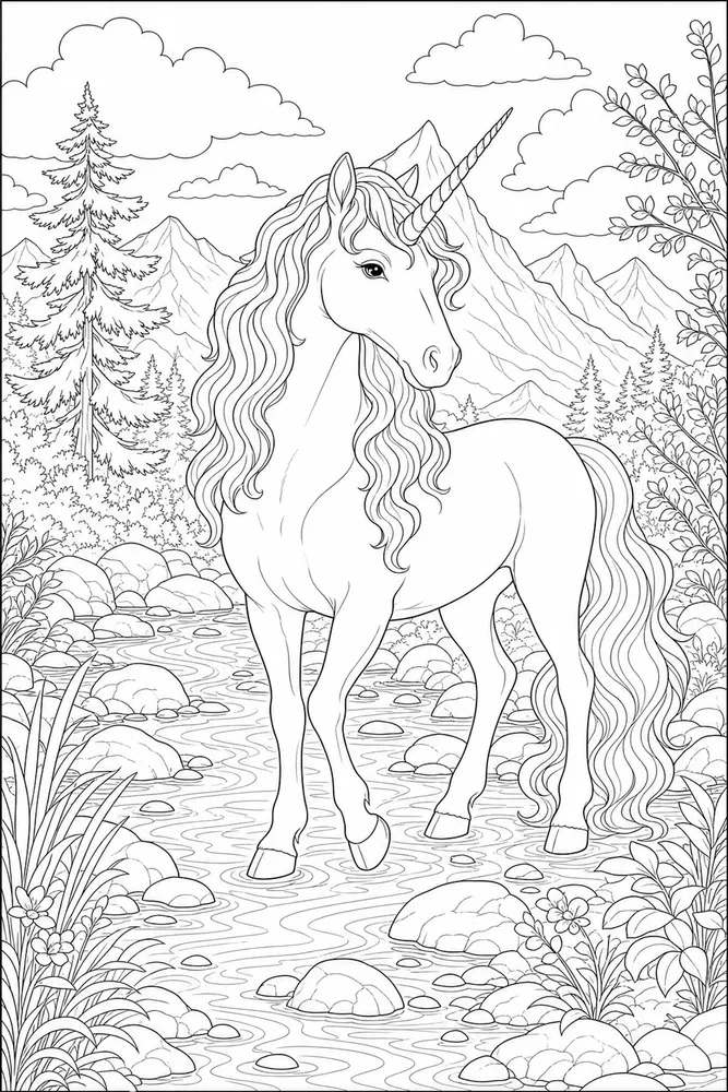 Realistic Unicorn Mountain Stream coloring page