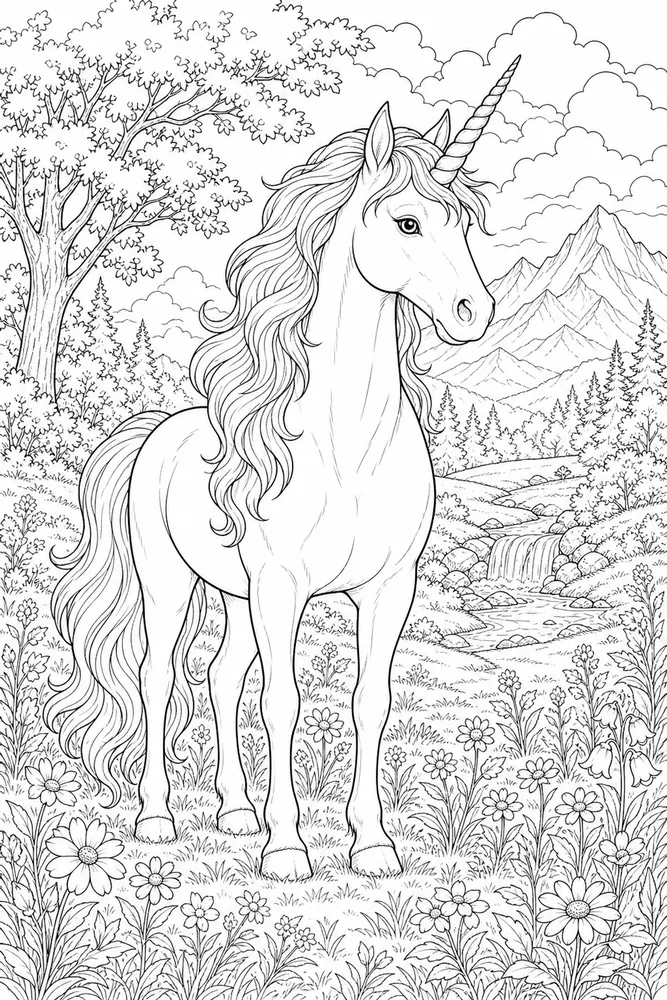 Realistic Unicorn Coloring Pages preview: Realistic Unicorn Realistic Meadow Stance coloring page