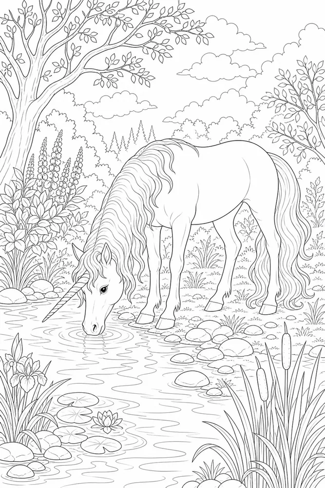 Realistic Unicorn Riverbank Drink coloring page
