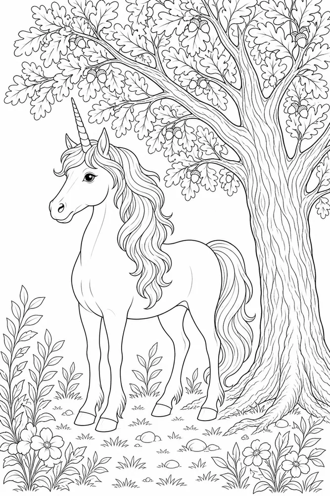Realistic Unicorn Standing by Oak Tree coloring page