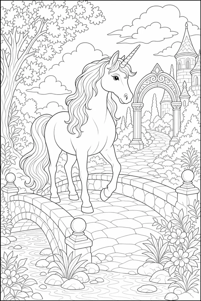 Realistic Unicorn Stone Bridge Path coloring page