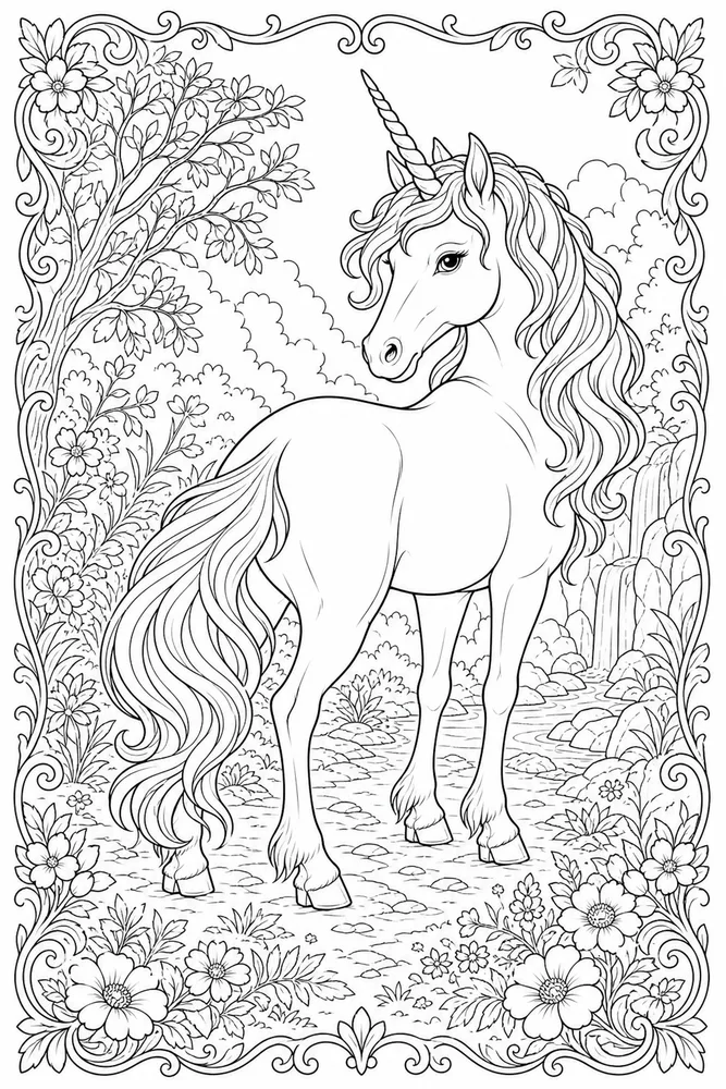 Realistic Unicorn Turning Head Pose coloring page