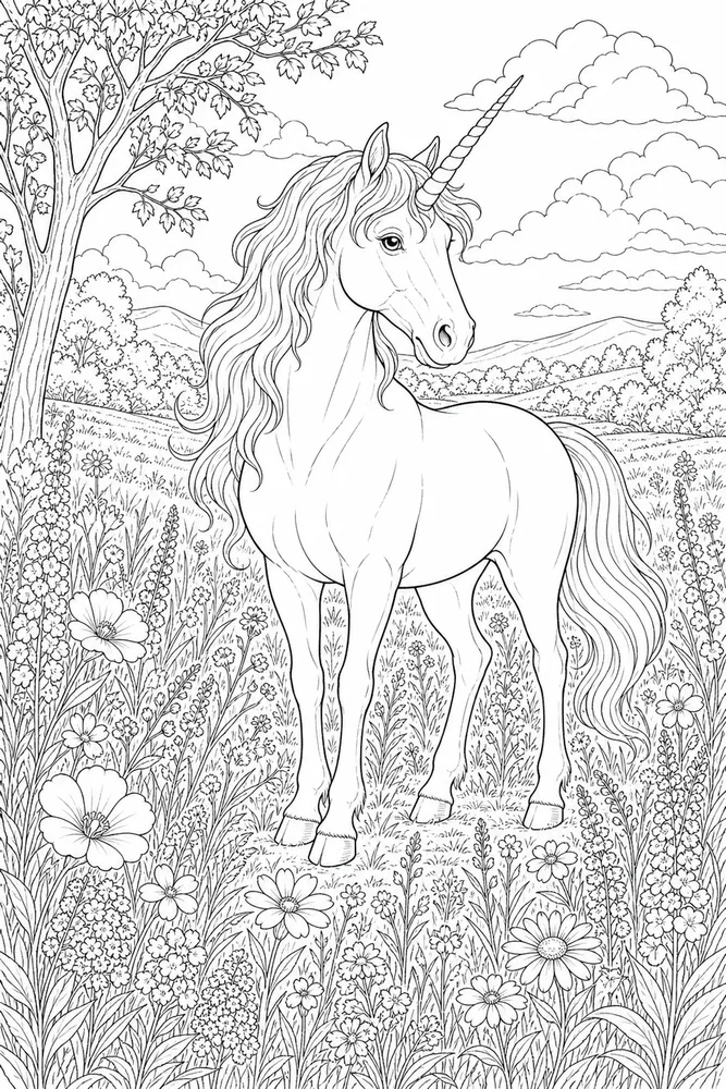 Realistic Unicorn Wildflower Pasture coloring page