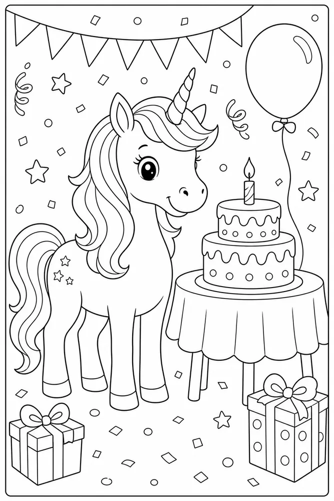 Unicorn Birthday Coloring Pages preview: Unicorn Birthday Birthday Balloon Table coloring page