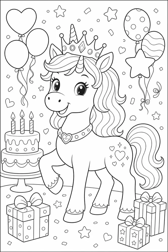 Unicorn Birthday Birthday Crown Pose coloring page