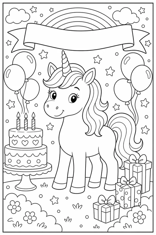 Unicorn Birthday Blank Banner Backdrop coloring page