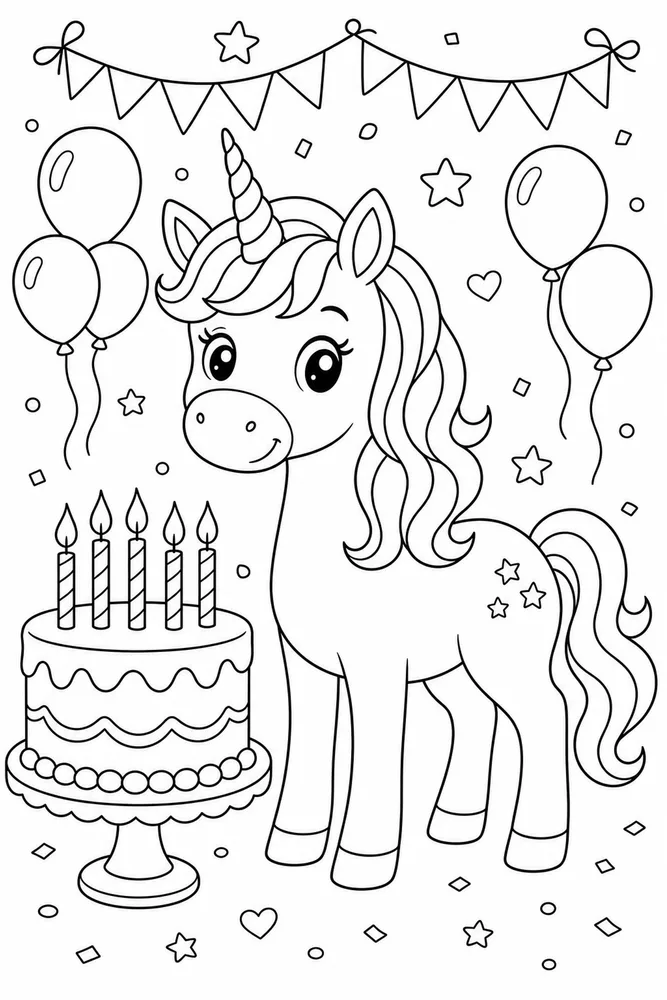 Unicorn Birthday Cake Candle Scene coloring page