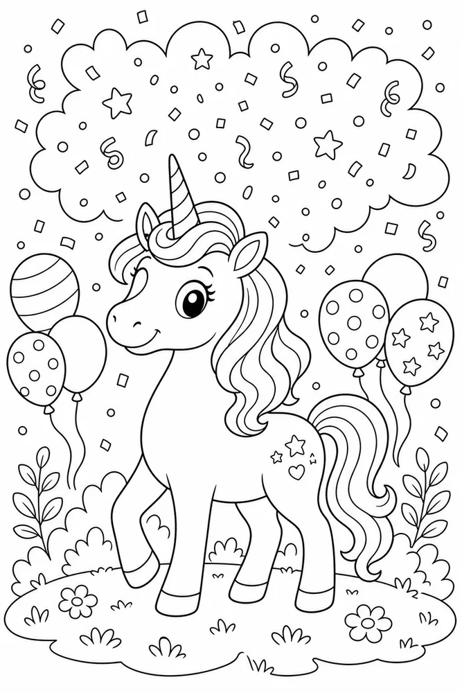 Unicorn Birthday Confetti Cloud coloring page