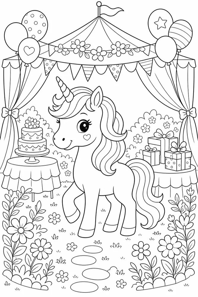 Unicorn Birthday Garden Party Tent coloring page