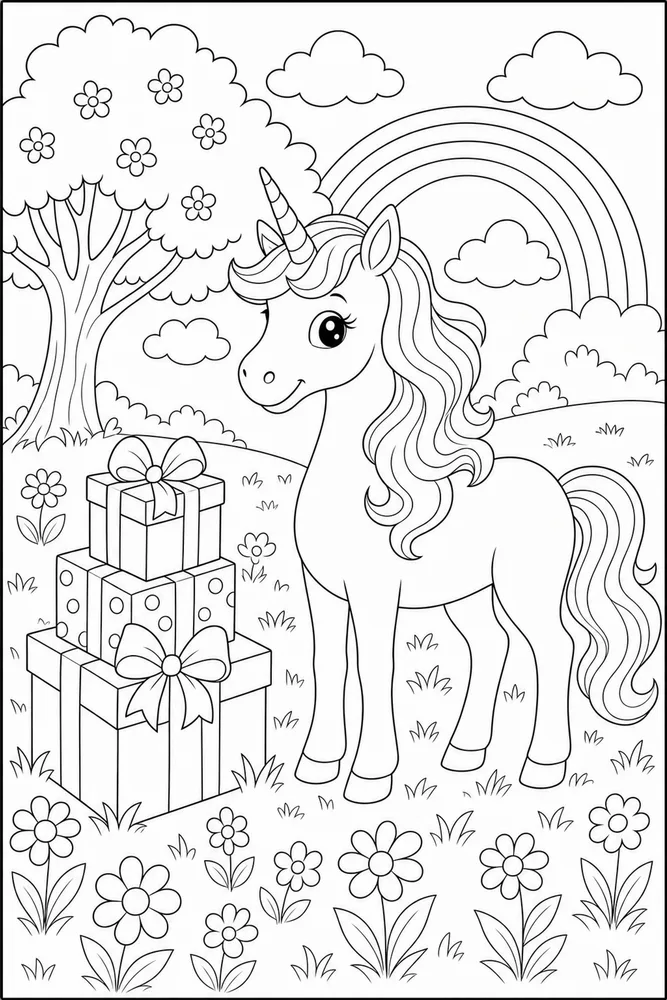 Unicorn Birthday Gift Stack Meadow coloring page