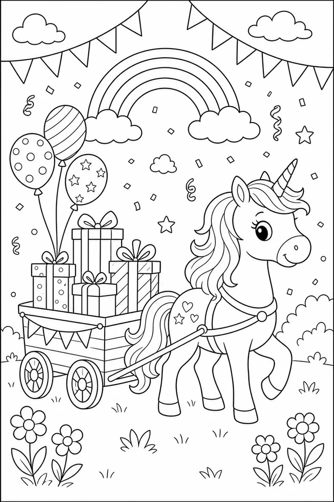 Unicorn Birthday Present Wagon coloring page