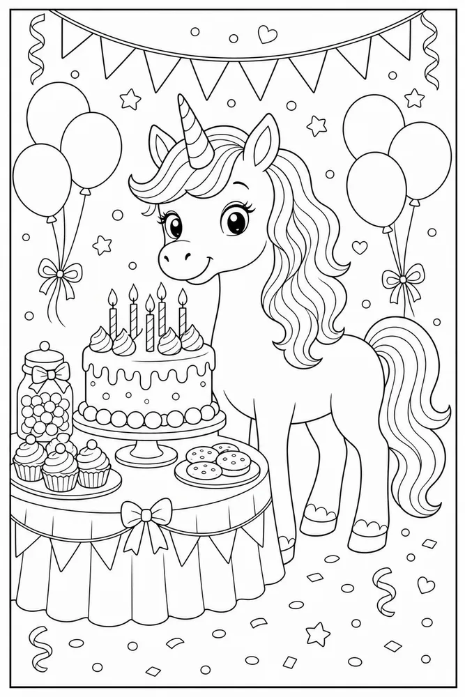 Unicorn Cake Birthday Cake Table coloring page