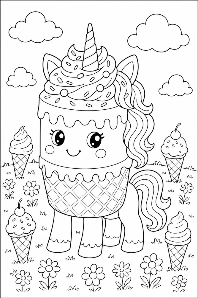 Unicorn Cake Cone Treat Meadow coloring page
