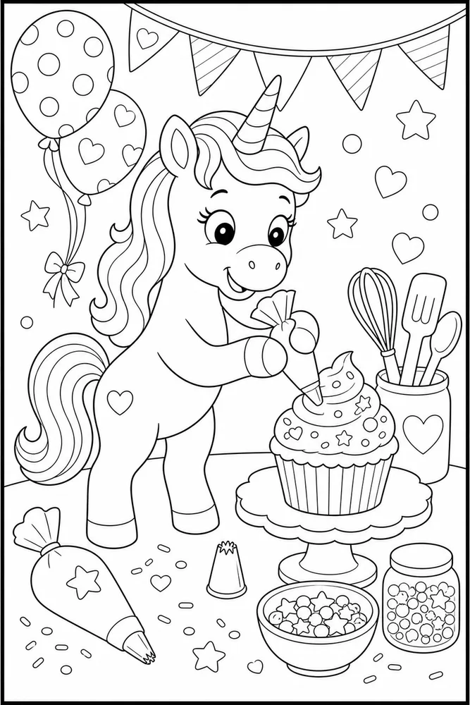 Unicorn Cake Cupcake Decorating coloring page