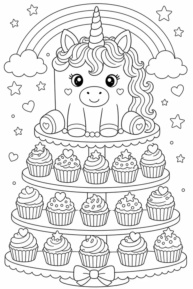 Unicorn Cake Cupcake Tower coloring page