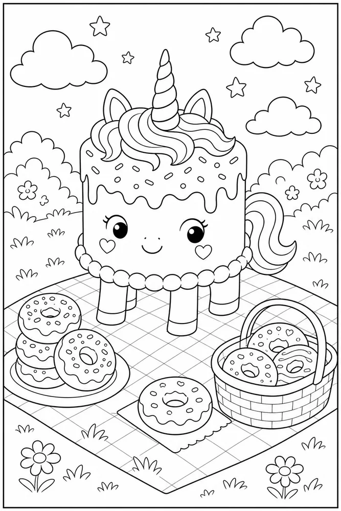 Unicorn Cake Donut Picnic coloring page