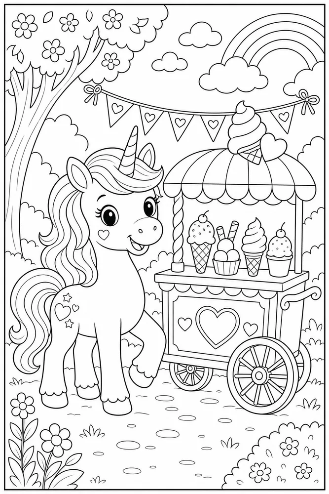 Unicorn Cake Ice Cream Cart coloring page
