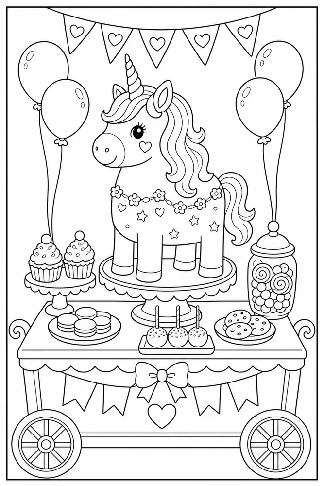 Unicorn Cake Party Dessert Cart coloring page