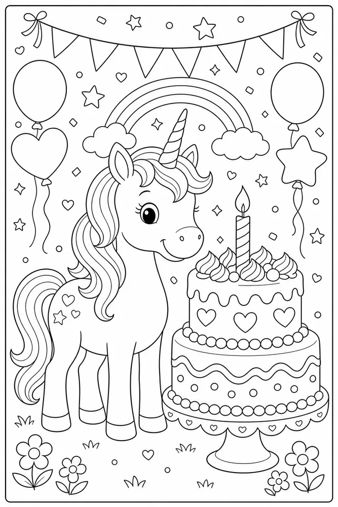 Unicorn Cake Coloring Pages preview: Unicorn Cake Unicorn Beside Cake coloring page