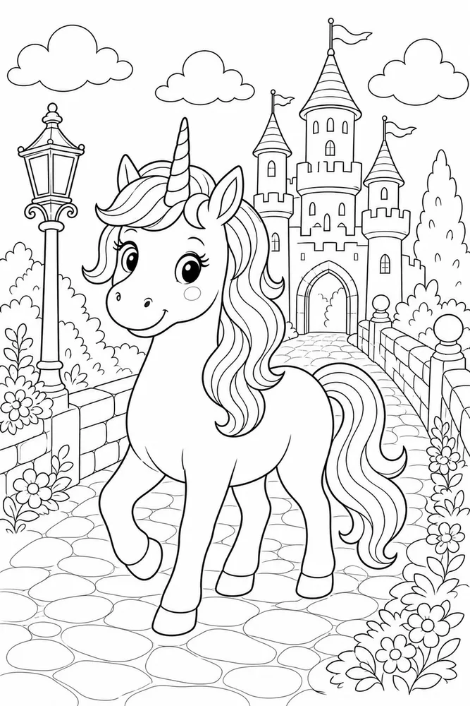 Unicorn Castle Lane Stroll coloring page