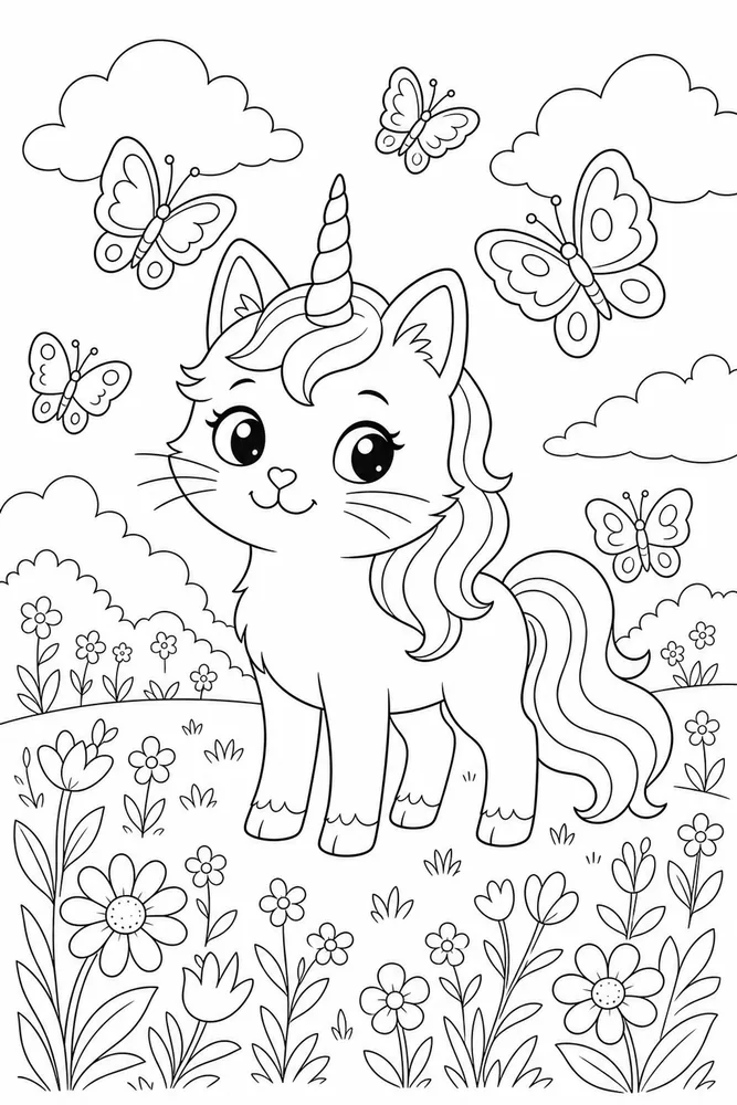 Unicorn Cat Cat Butterfly Meadow coloring page