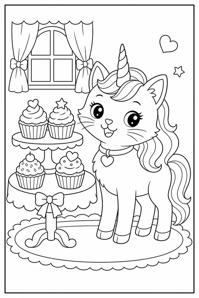 Unicorn Cat Cat Cupcake Table coloring page