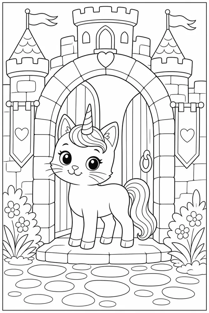 Unicorn Cat Kitty Castle Doorway coloring page